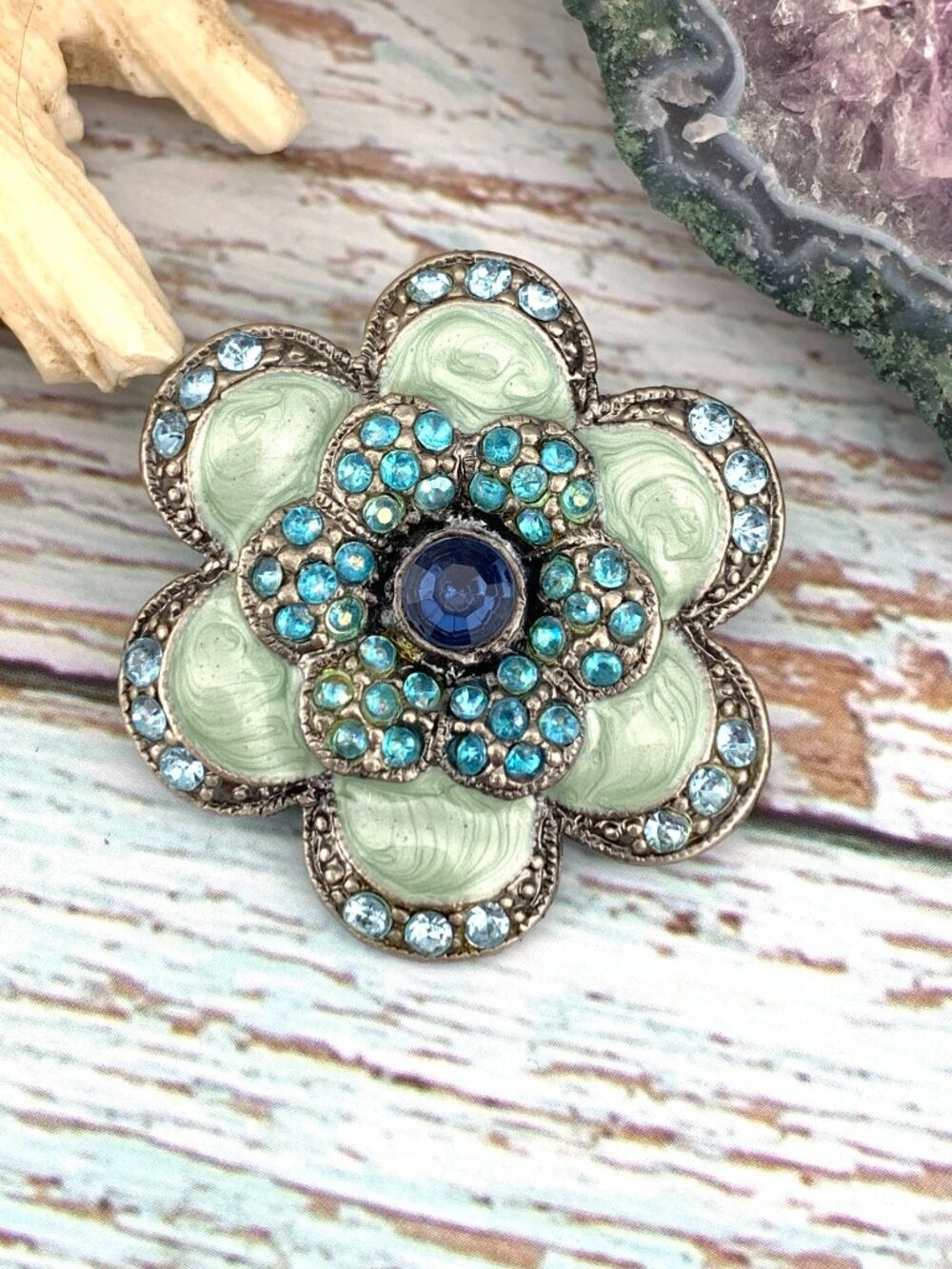 Sage Green Flower Blue Sparkles Pendant Brooch Costume Fashion Jewelry J1448